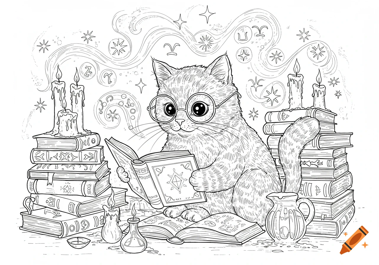 A cute cartoon cat wearing round glasses, sitting and reading an open book, surrounded by stacks of books, lit candles, and swirling magical symbols. Detailed black and white line art.