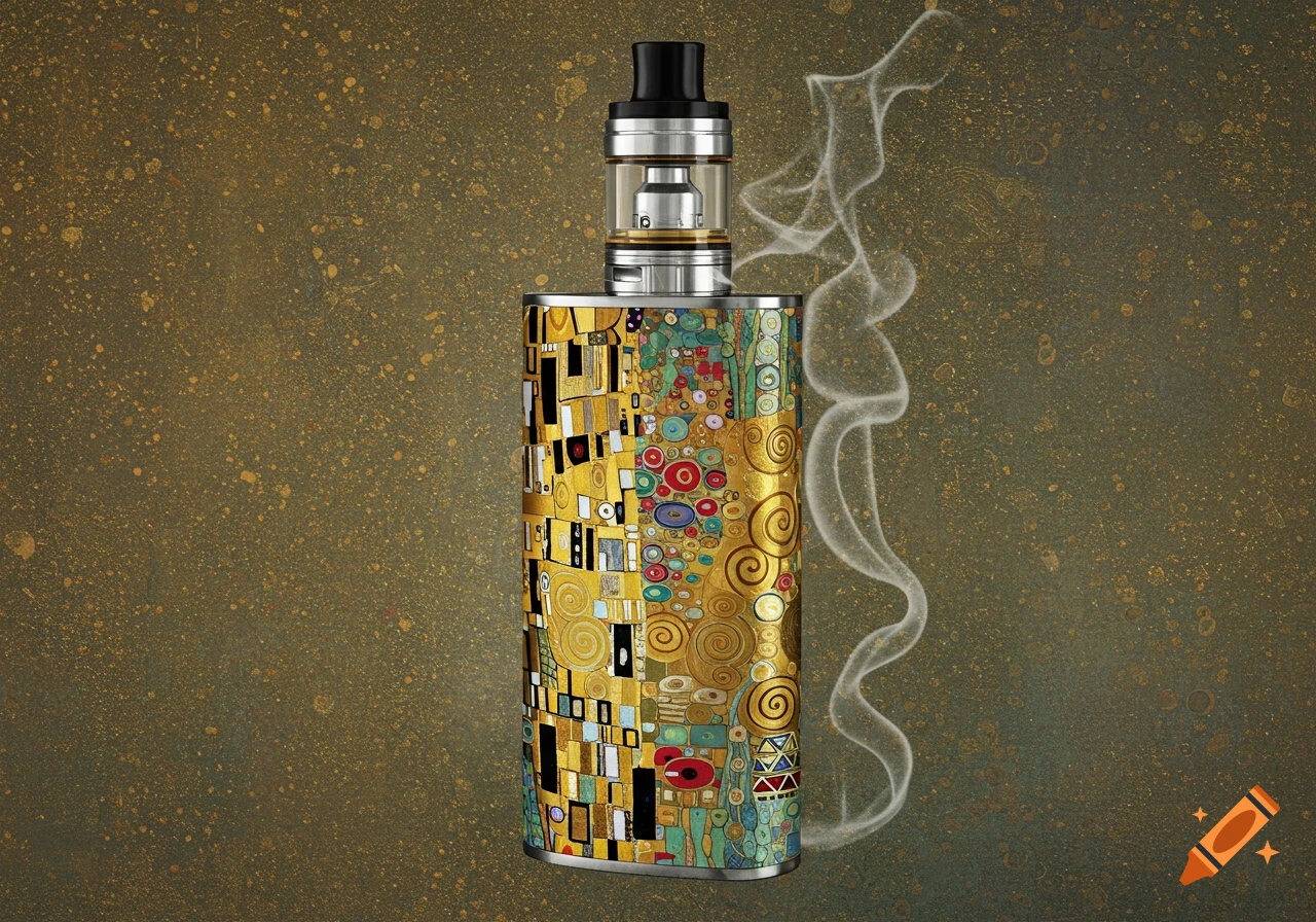An e-cigarette adorned with golden, intricate Klimt-style patterns and wisps of smoke against a textured golden background.