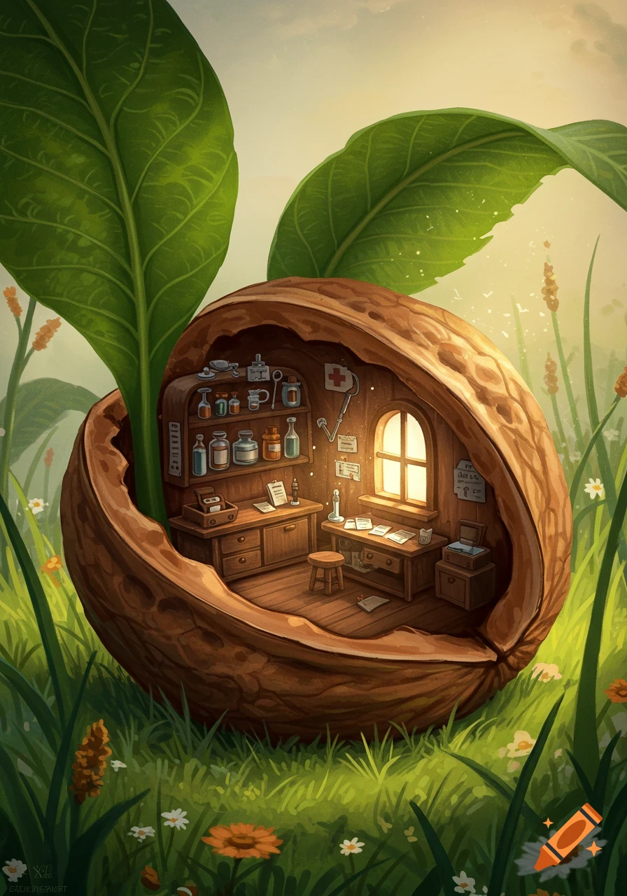 A whimsical miniature clinic inside a walnut shell, nestled in lush green grass with large leaves.