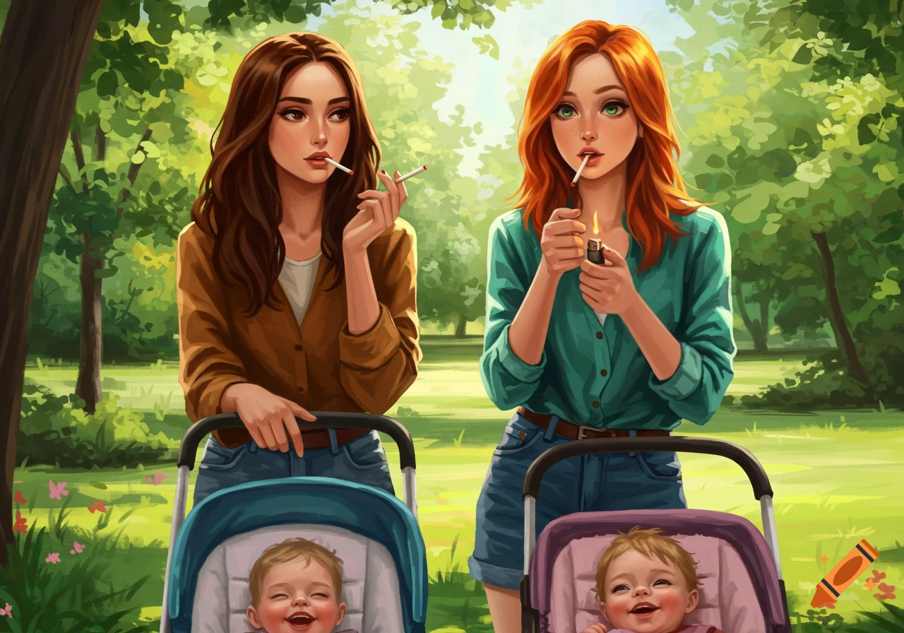 Two illustrated women in a park, both smoking cigarettes while pushing baby strollers with happy babies.