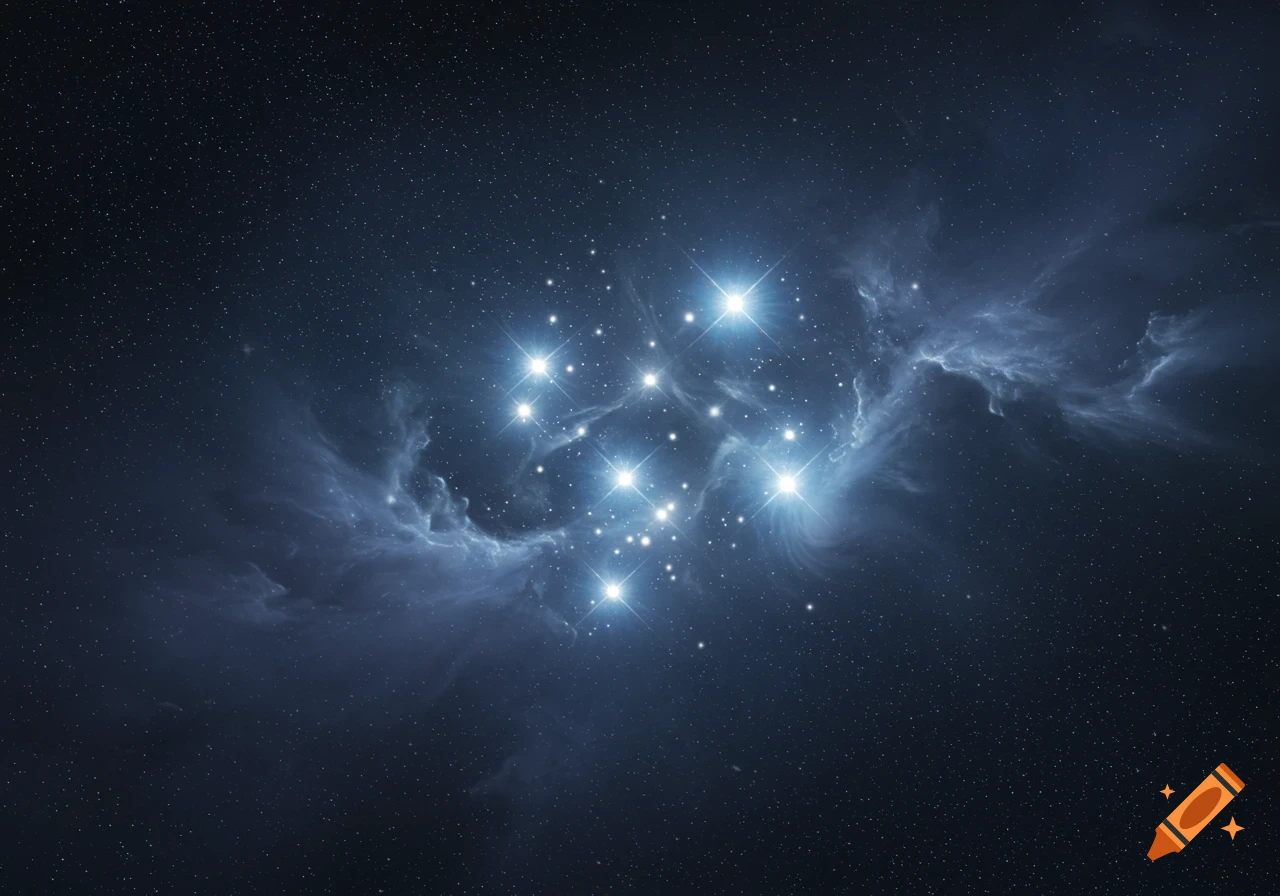 A bright star cluster, the Pleiades, glows within a blue nebula against a dark, star-filled cosmic background.