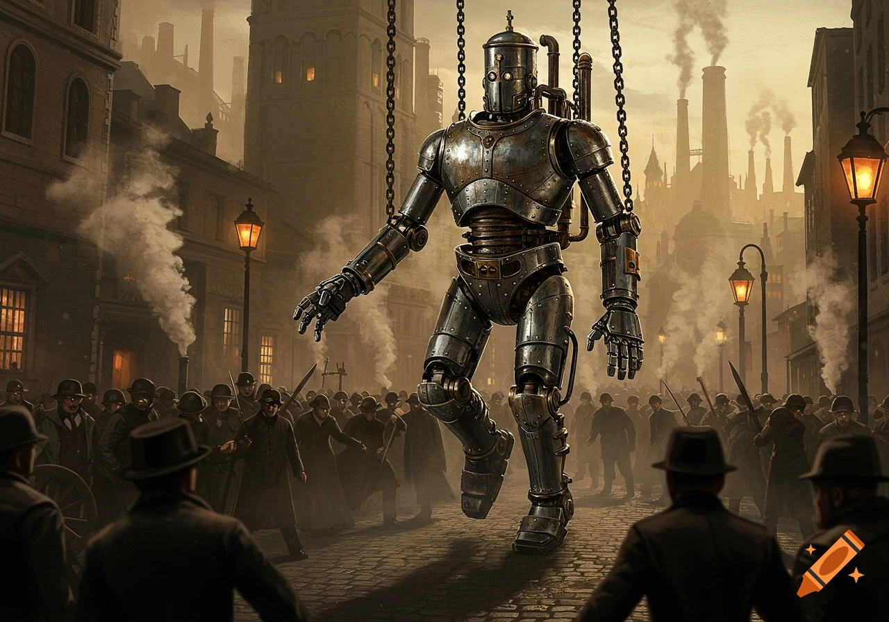 A giant steampunk robot suspended by chains is mobbed by a crowd in a smoky, industrial city street at dusk.