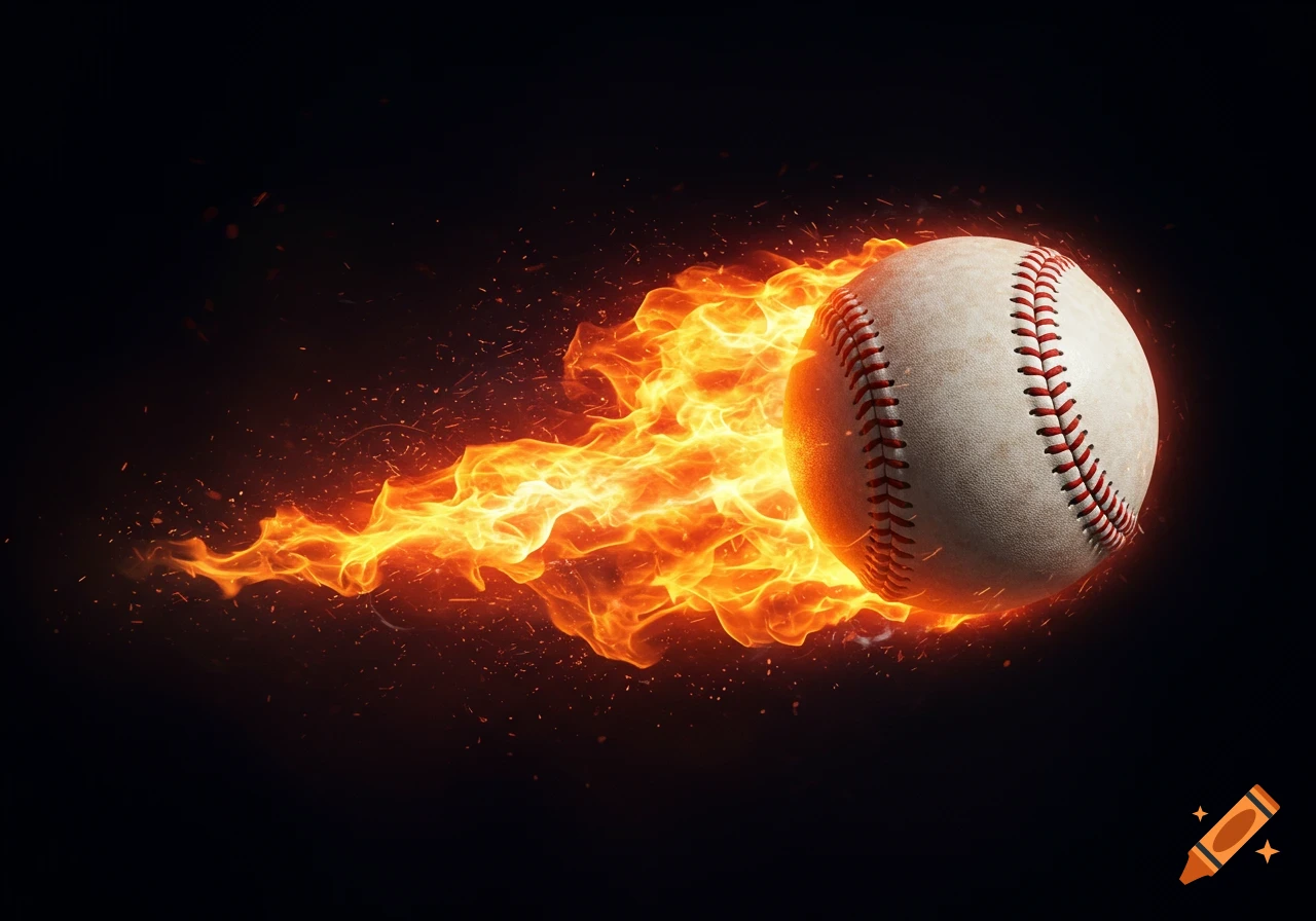A white baseball with red stitching, engulfed in bright orange and yellow flames against a dark background.