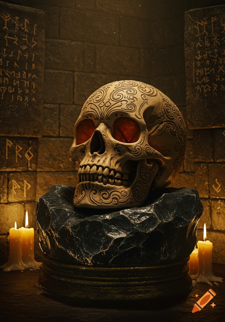 An ornate skull with glowing red eyes rests on a dark rock, flanked by candles in an ancient stone chamber with runic carvings.