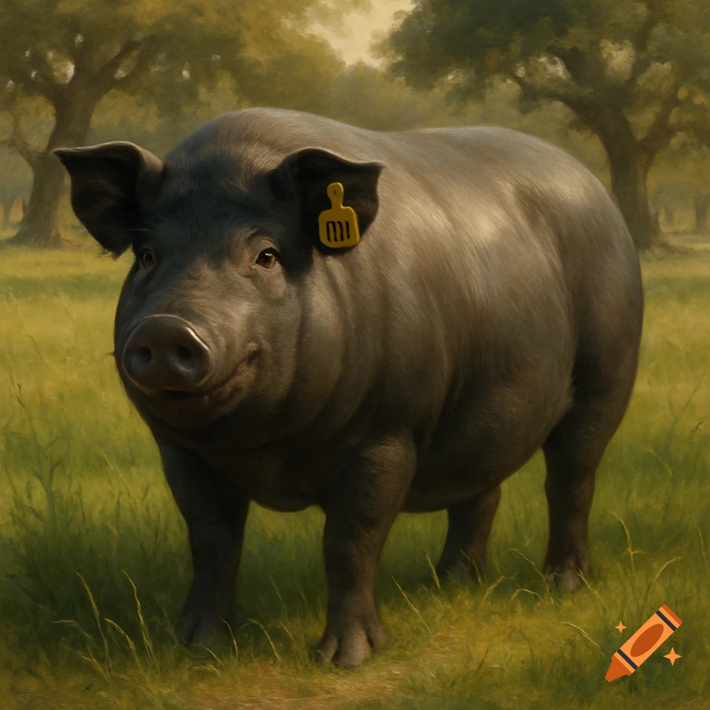 A black pig with a yellow ear tag stands in a grassy field with trees under a bright sky, photorealistic style.