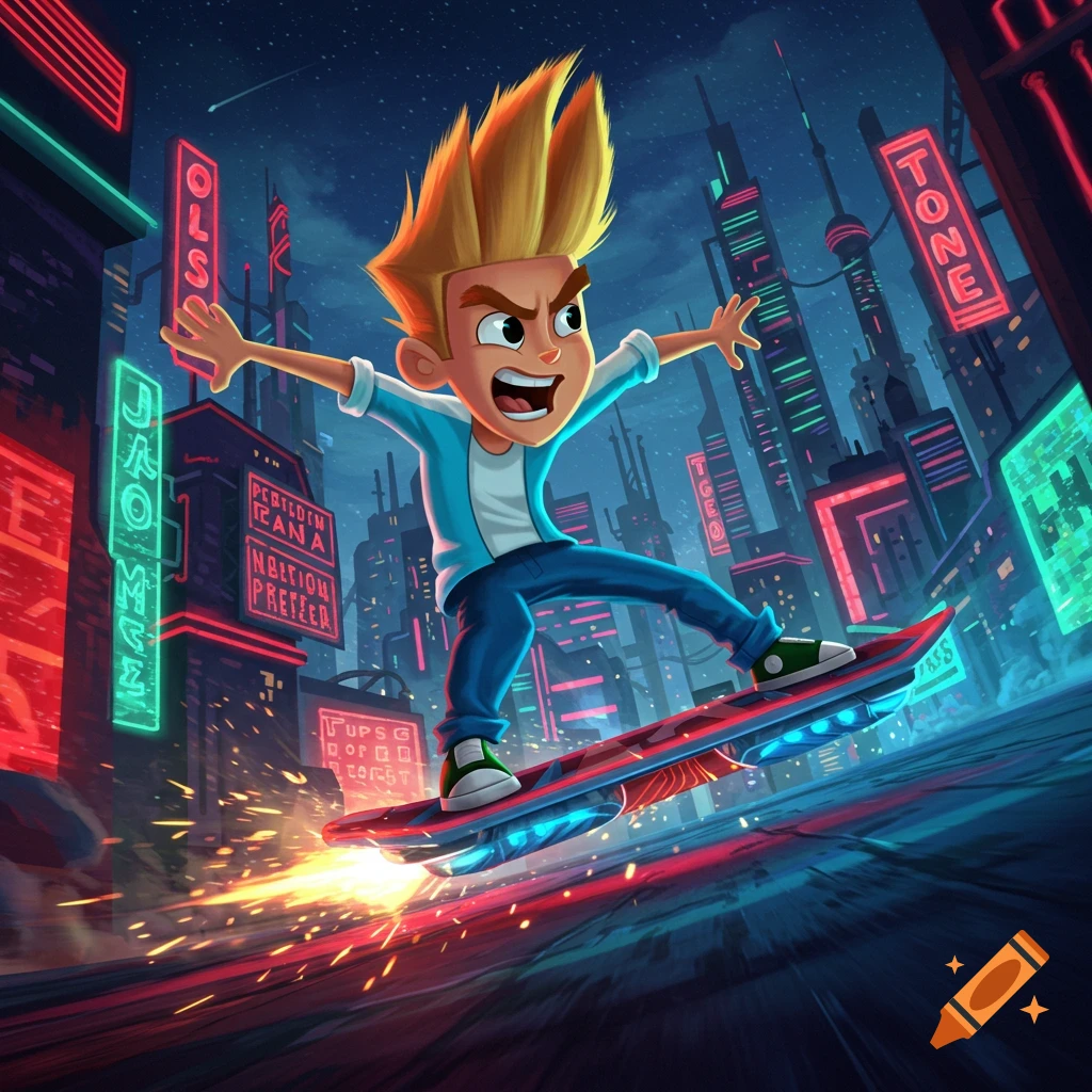 A cartoon boy with spiky blonde hair grins while riding a hoverboard through a futuristic city at night, sparks flying.