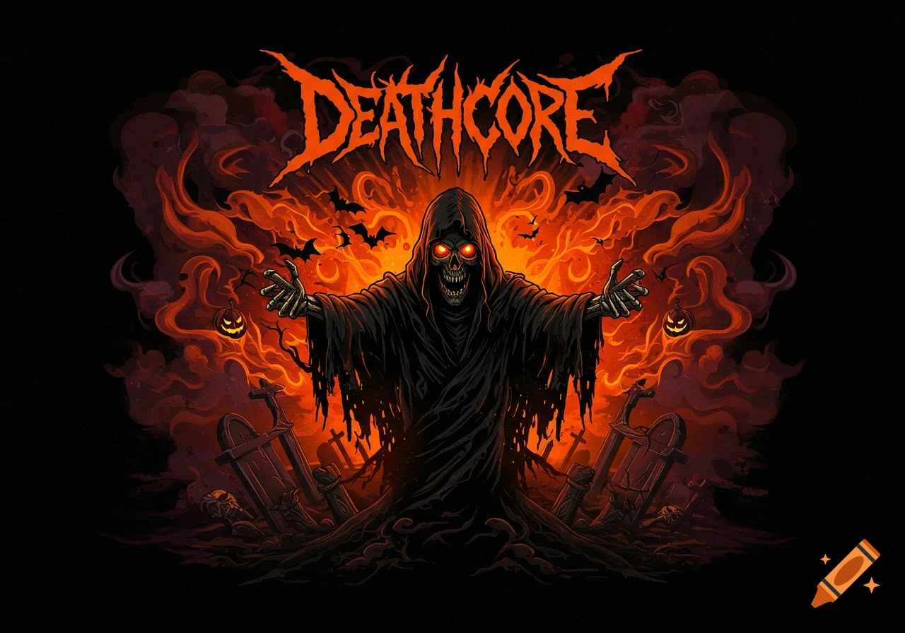 A stylized grim reaper with glowing red eyes, bats, jack-o-lanterns, and tombstones against an orange fiery background with "DEATHCORE" text.