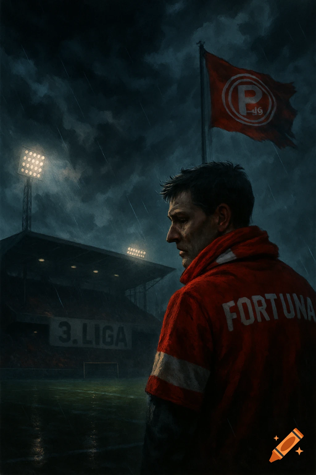 A somber man in a red jacket stands facing away from a rainy football stadium at night, with a flag bearing a logo overhead.