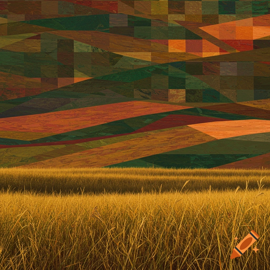 A field of tall golden grass in the foreground, with an abstract geometric landscape of green, orange, and brown rectangular shapes in the background.
