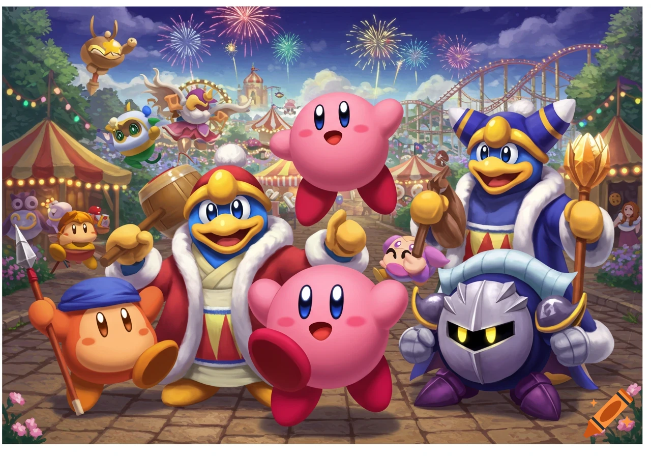 Kirby, King Dedede, Meta Knight, Bandana Waddle Dee, and other characters at an amusement park with fireworks in a vibrant cartoon style.
