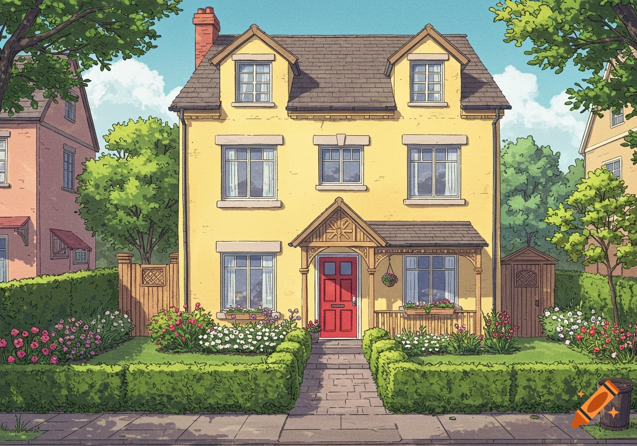 A charming yellow three-story house with a red door, covered porch, and a lush front garden filled with colorful flowers and green hedges in an illustrated style.