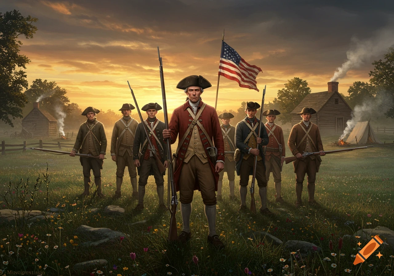 American Revolutionary War minutemen with muskets stand at sunset, an American flag waving nearby, cabins and tent in the background.