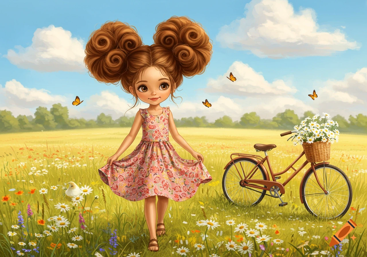 A cute cartoon girl with large buns walks through a sunny wildflower field with a bicycle nearby and butterflies fluttering.