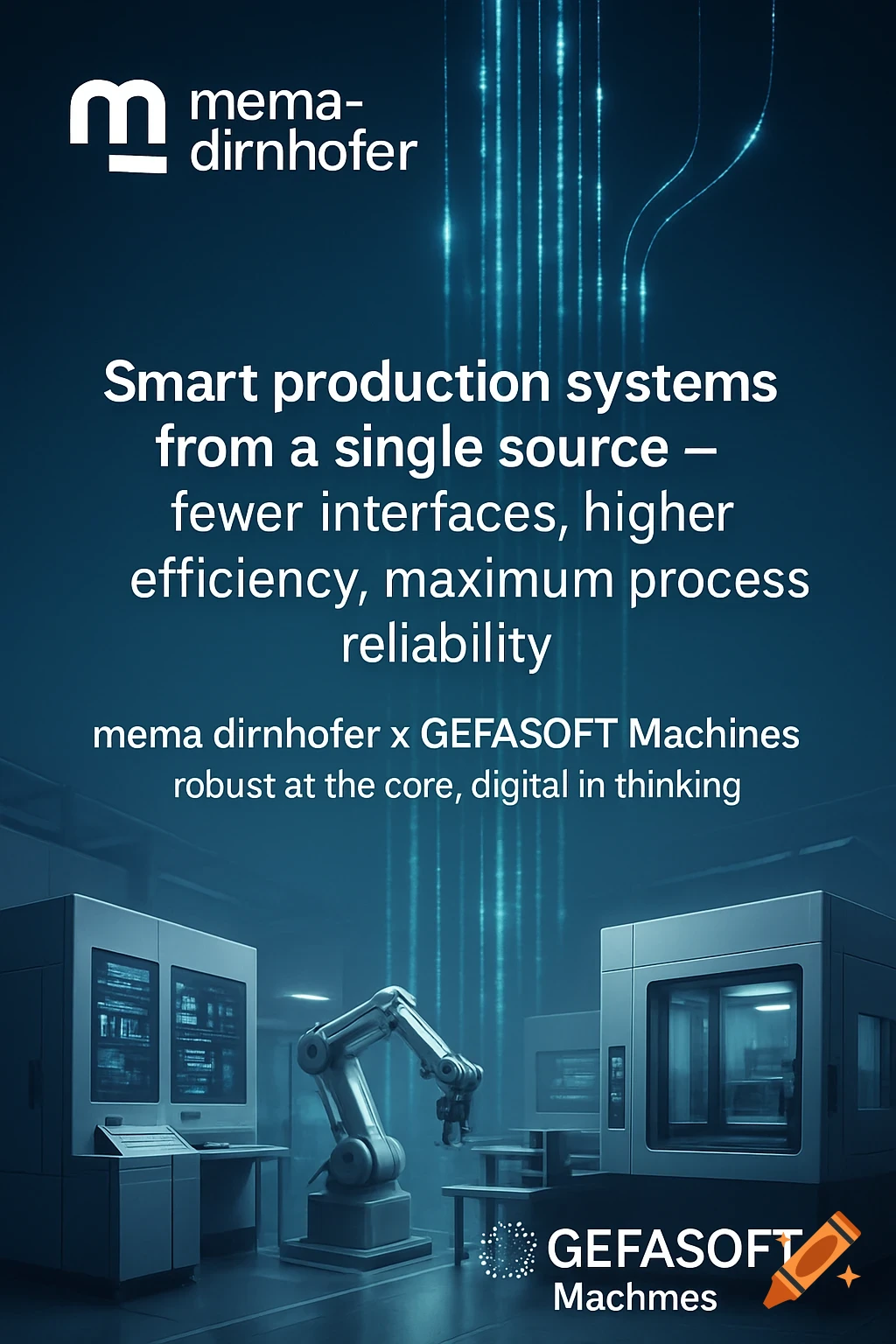 A dark blue high-tech industrial poster with glowing data lines, featuring industrial robots and machines, with company logos and text promoting smart production systems.