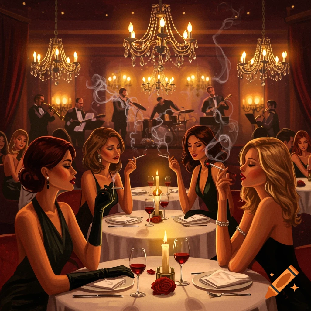 Four elegant women smoke cigarettes at candlelit tables in a lavish restaurant with chandeliers and a band, illustrative style.