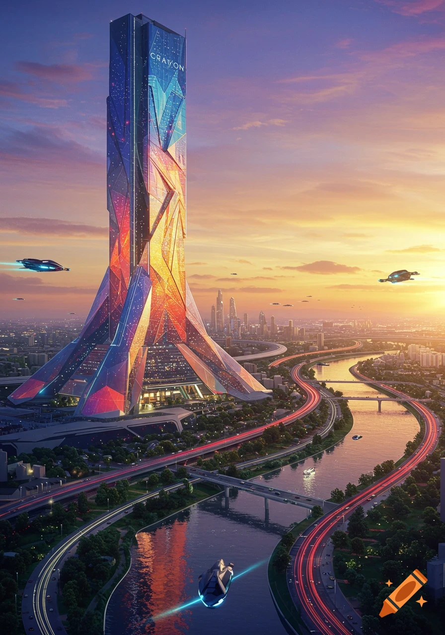 Vibrant, futuristic city at sunset with a tall, colorful skyscraper and flying vehicles above a river and highways.