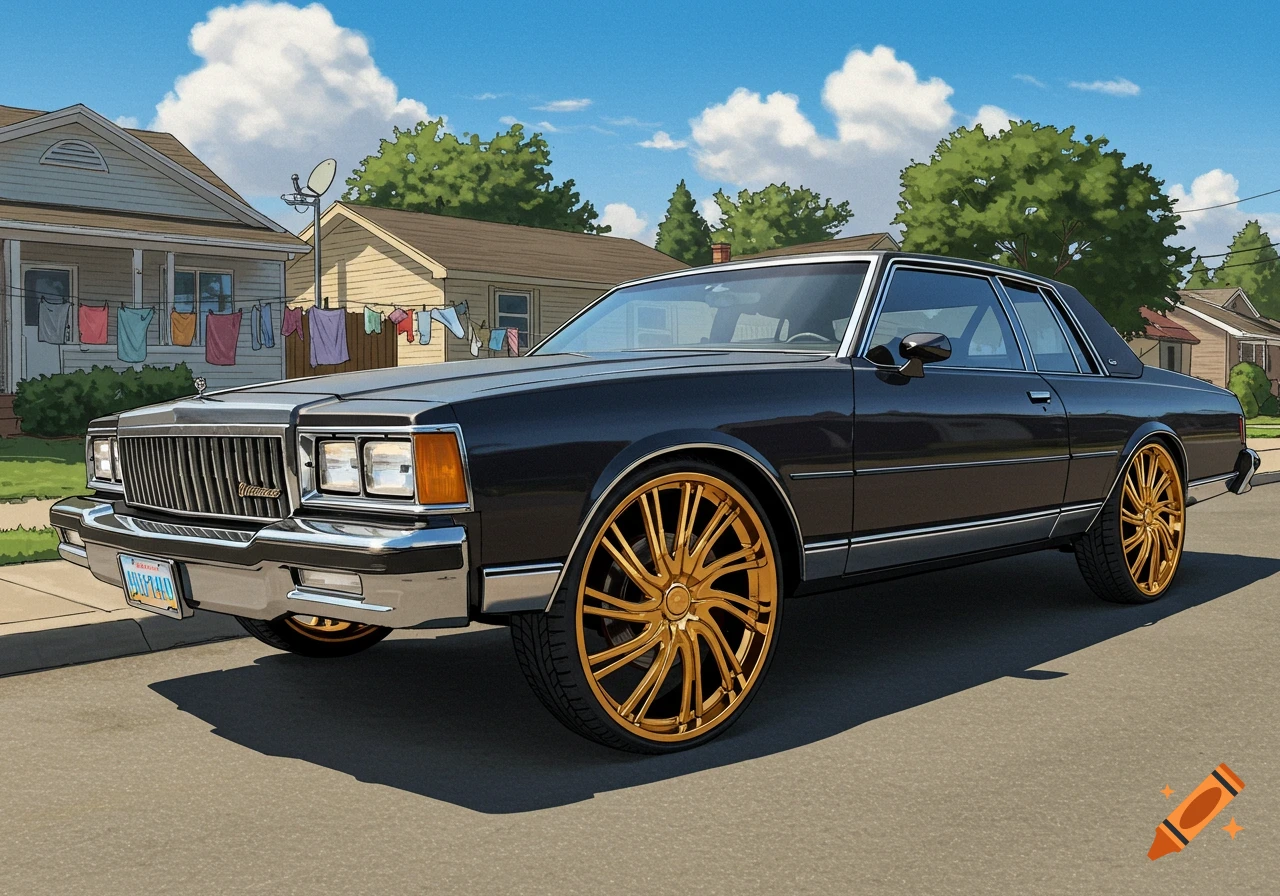 An illustrated black 1979 Chevy Caprice with large gold rims parked on a street in a suburban neighborhood.