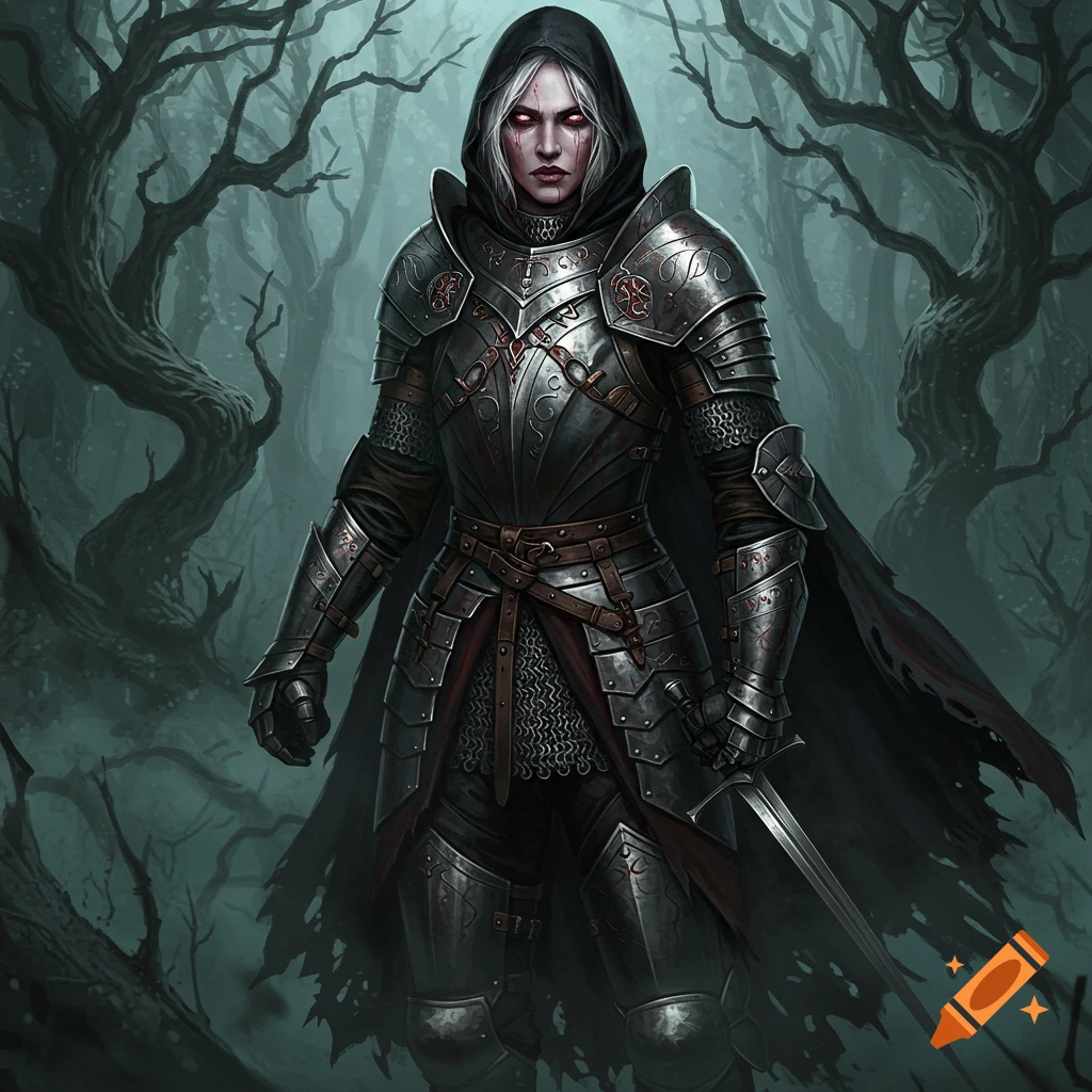 A hooded female warrior in dark medieval armor with glowing red eyes and a dagger stands in a misty, gnarled forest.