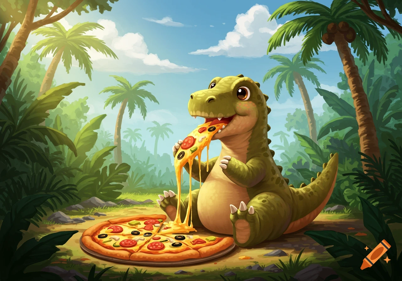 Cartoon dinosaur happily eating a slice of cheesy pizza, sitting on the ground in a vibrant jungle setting.