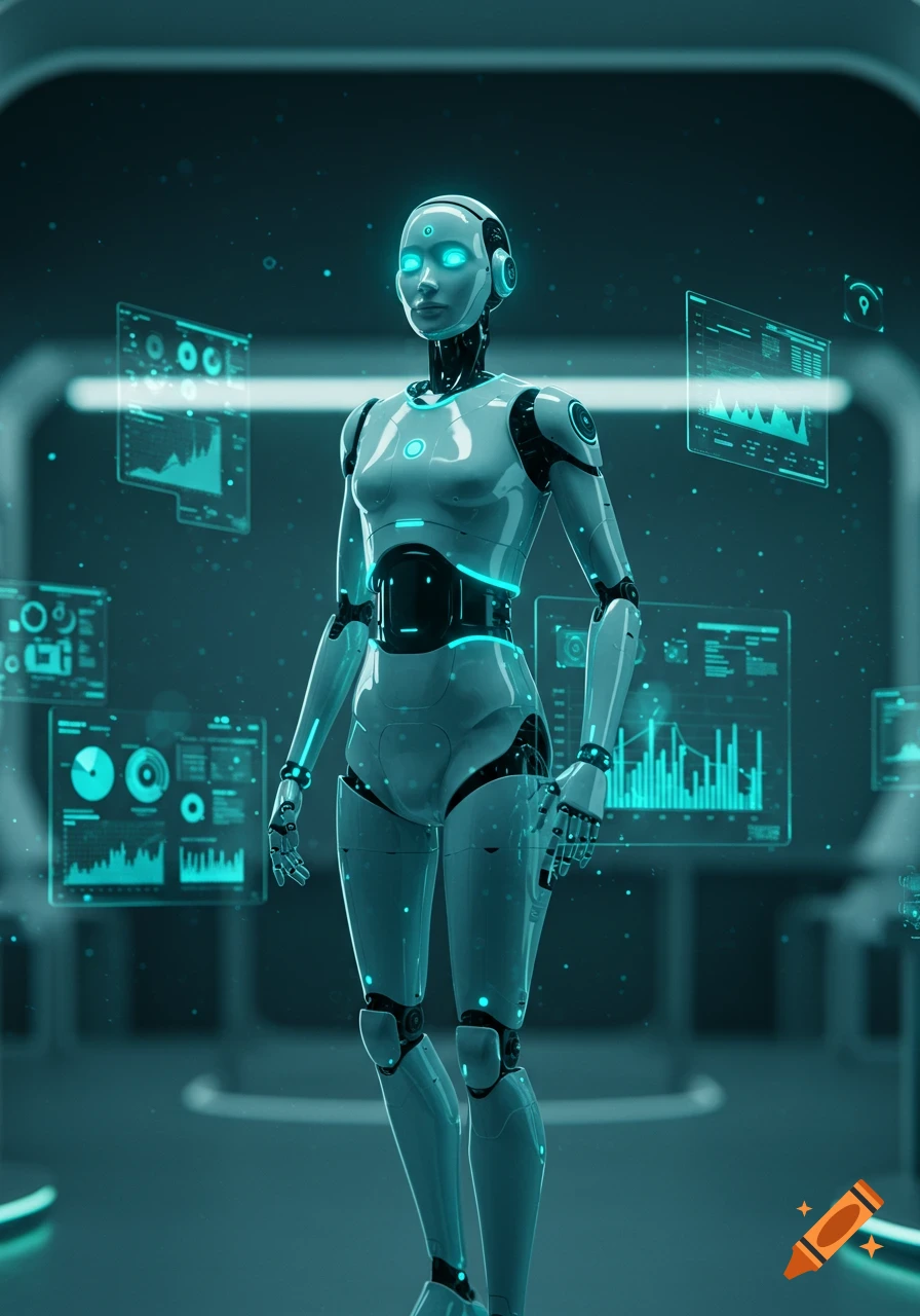 A sleek white humanoid robot with glowing blue eyes stands among holographic data screens in a dark, futuristic setting.