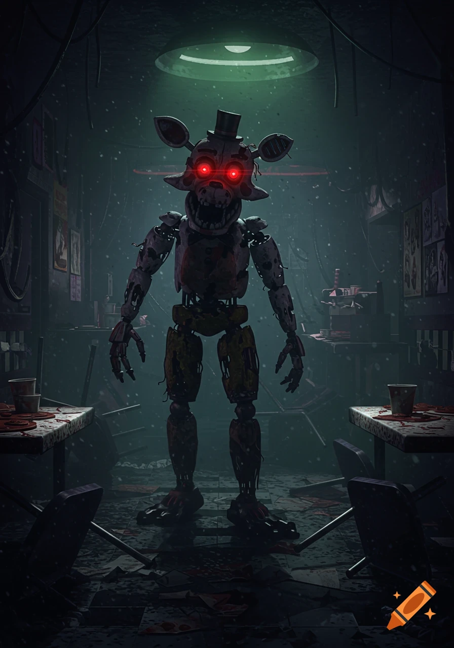 A creepy, broken animatronic with glowing red eyes stands in a dark, dilapidated room with blood splatters.