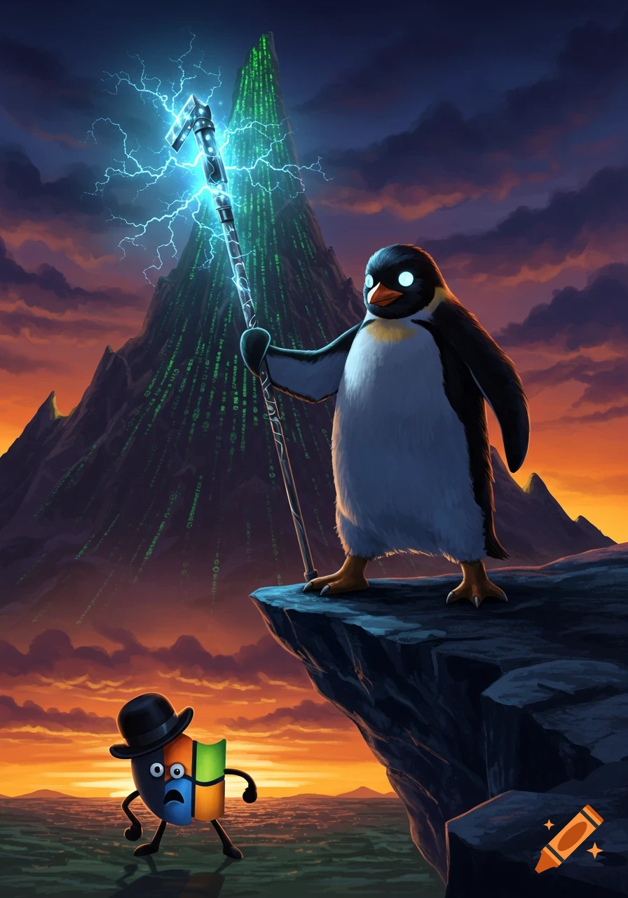 A powerful Linux penguin with glowing eyes holds a lightning-charged staff, menacing a scared Windows logo character in a bowler hat against an epic sunset and a mountain covered in green code.