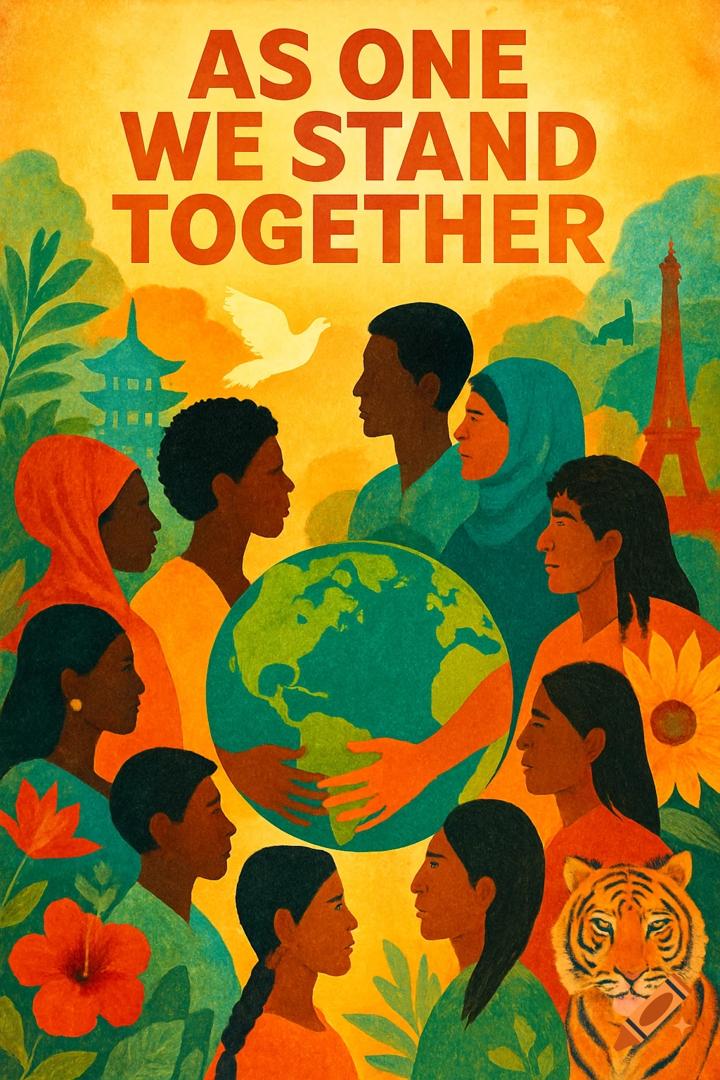 A vibrant illustration of diverse people surrounding a globe with the text "AS ONE WE STAND TOGETHER", symbolizing peace and unity.
