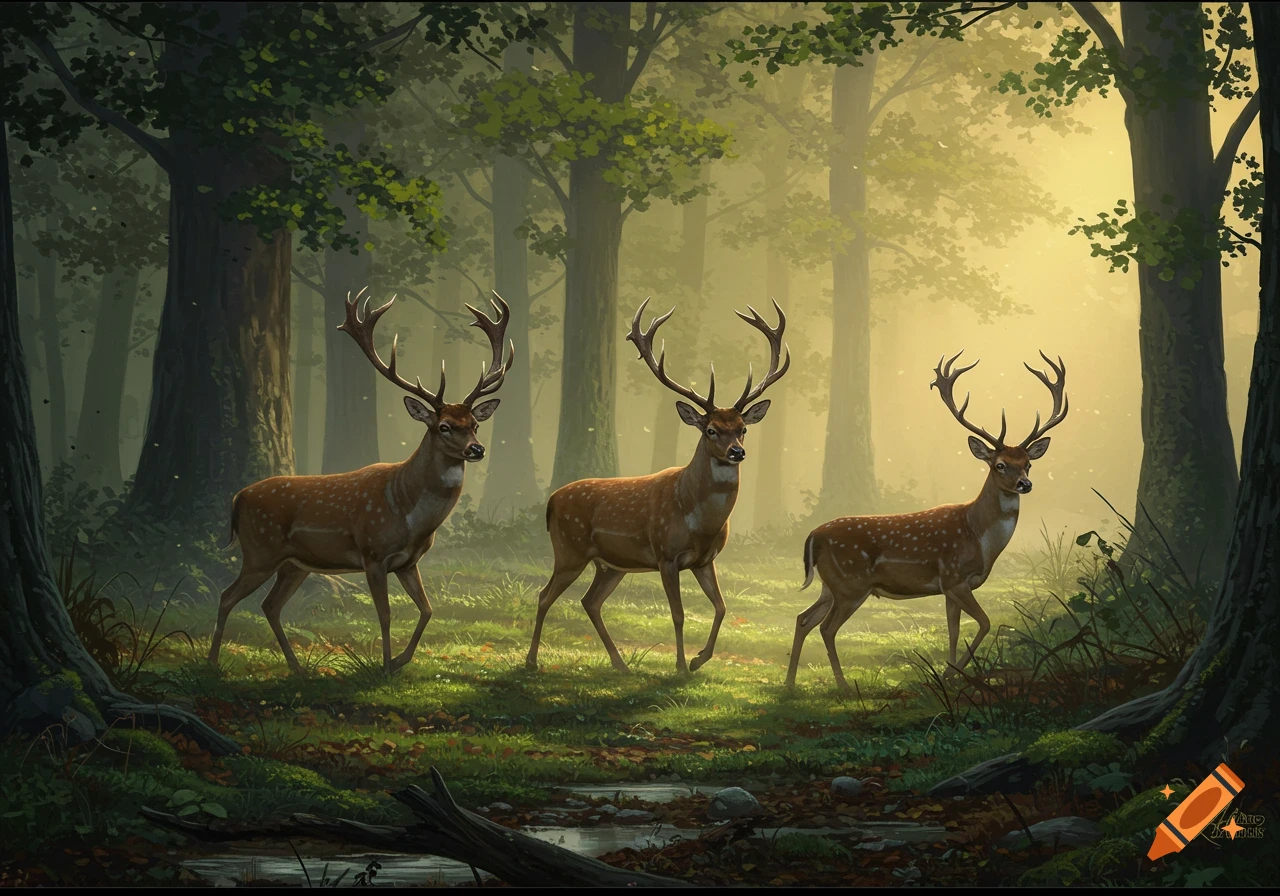 Three majestic bucks with large antlers walk through a sunlit, misty forest, depicted in a digital painting style.