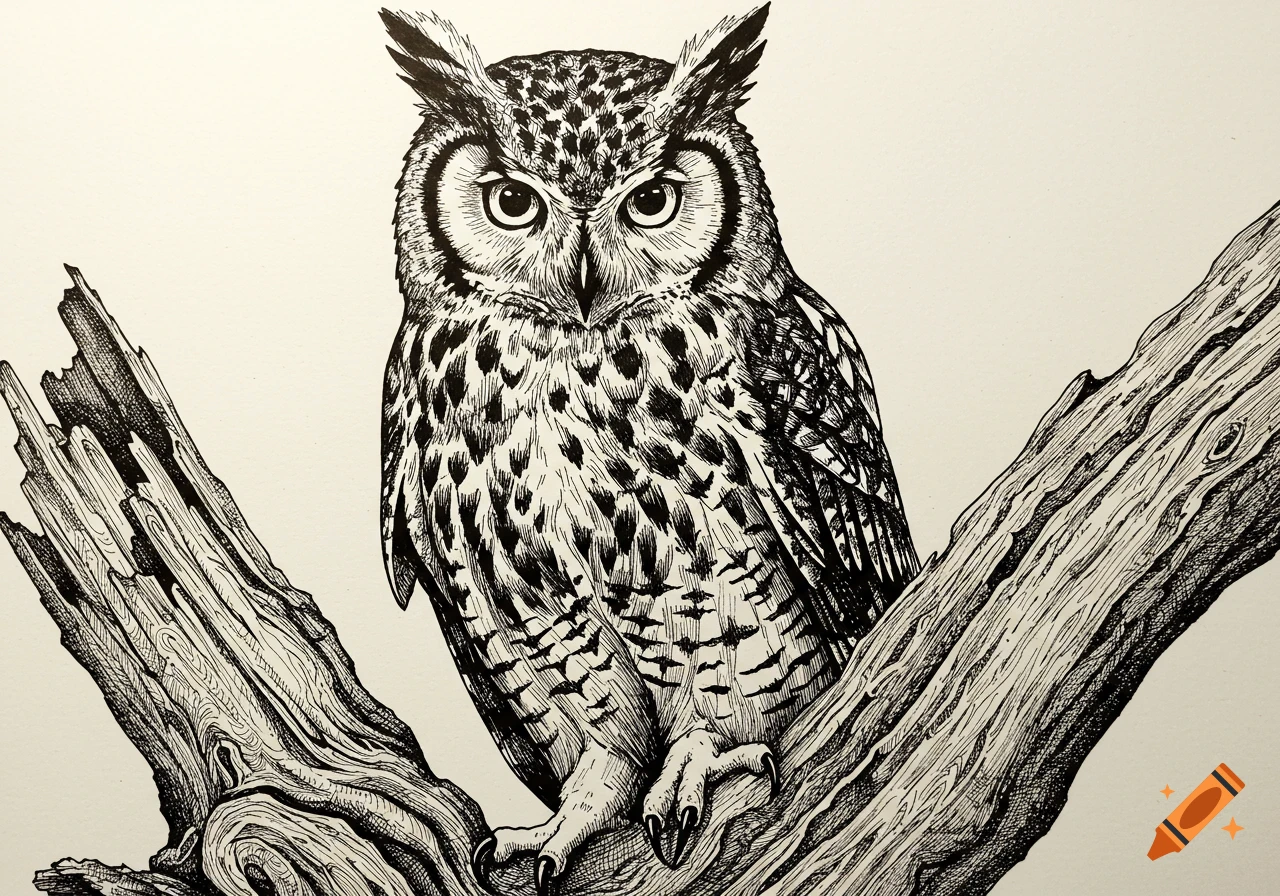 A detailed crosshatch pen and ink illustration of a horned owl perched on a tree branch.