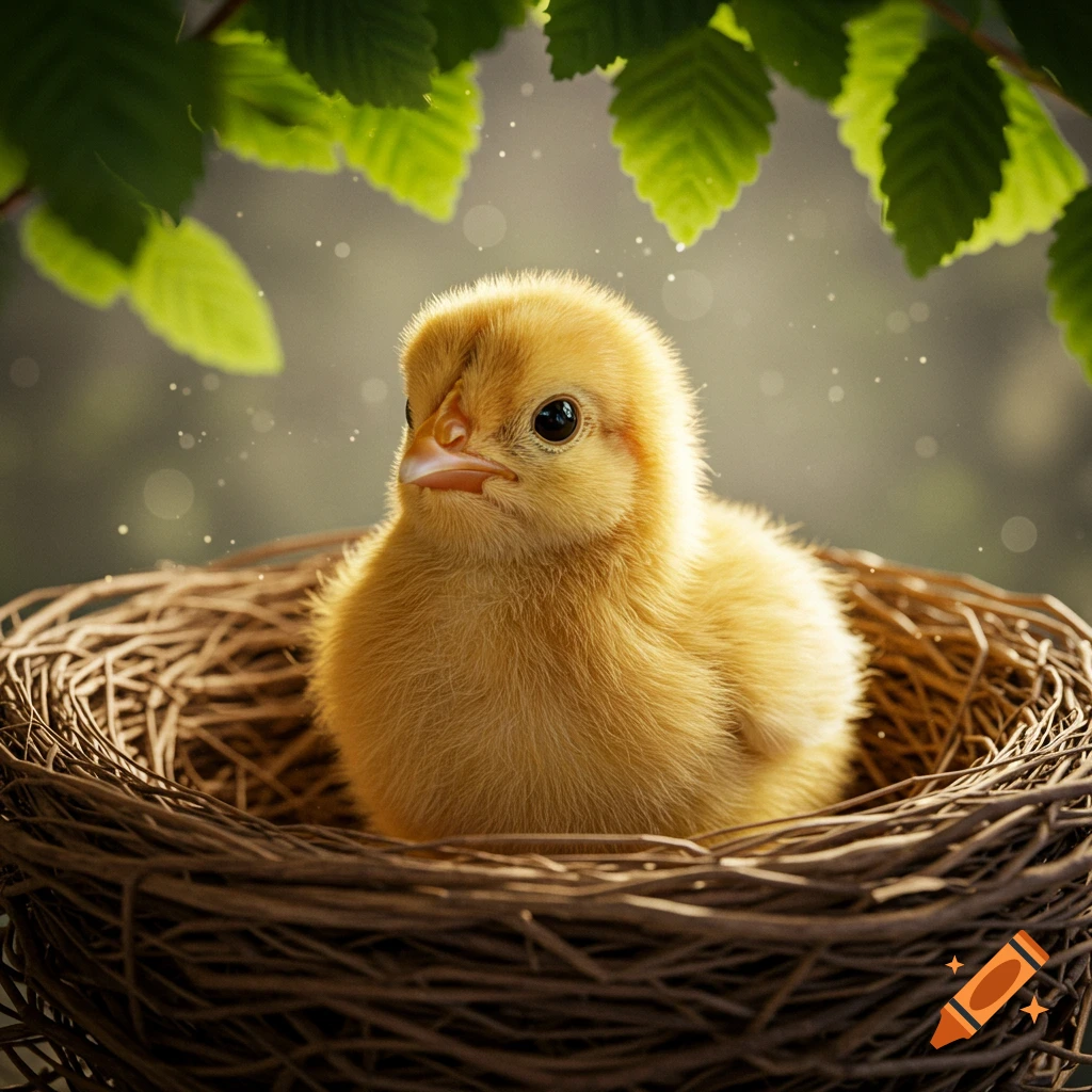 A fluffy yellow chick sits in a woven nest, looking forward, with green leaves above and dappled sunlight.