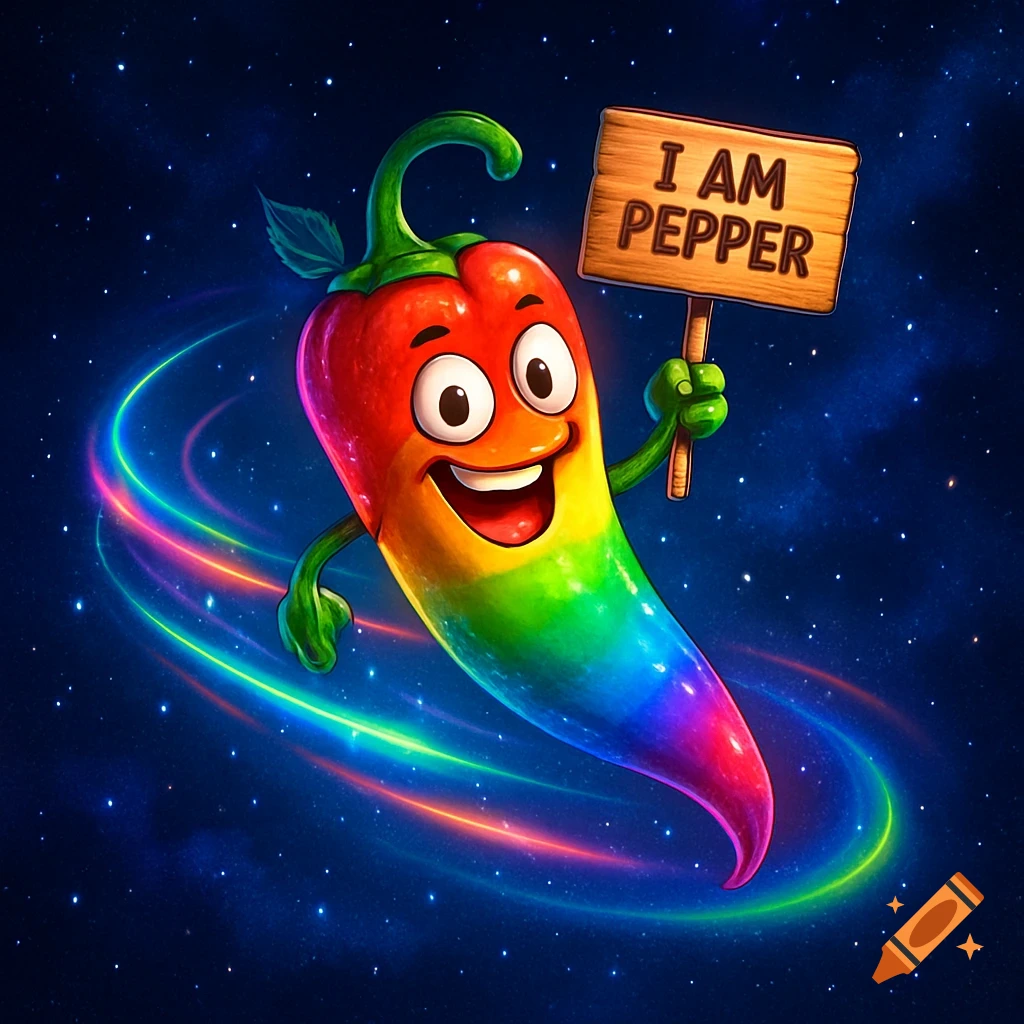 A vibrant rainbow chili pepper cartoon character with a happy face floats in space, holding a sign that reads "I AM PEPPER".