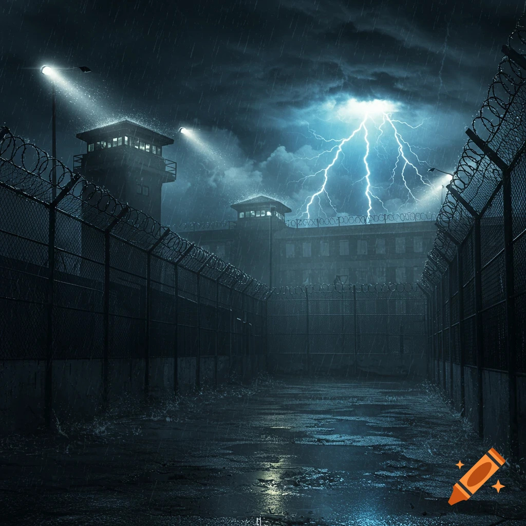 A dark, high-security prison under a stormy night sky with lightning, surrounded by barbed wire fences and illuminated by spotlights.