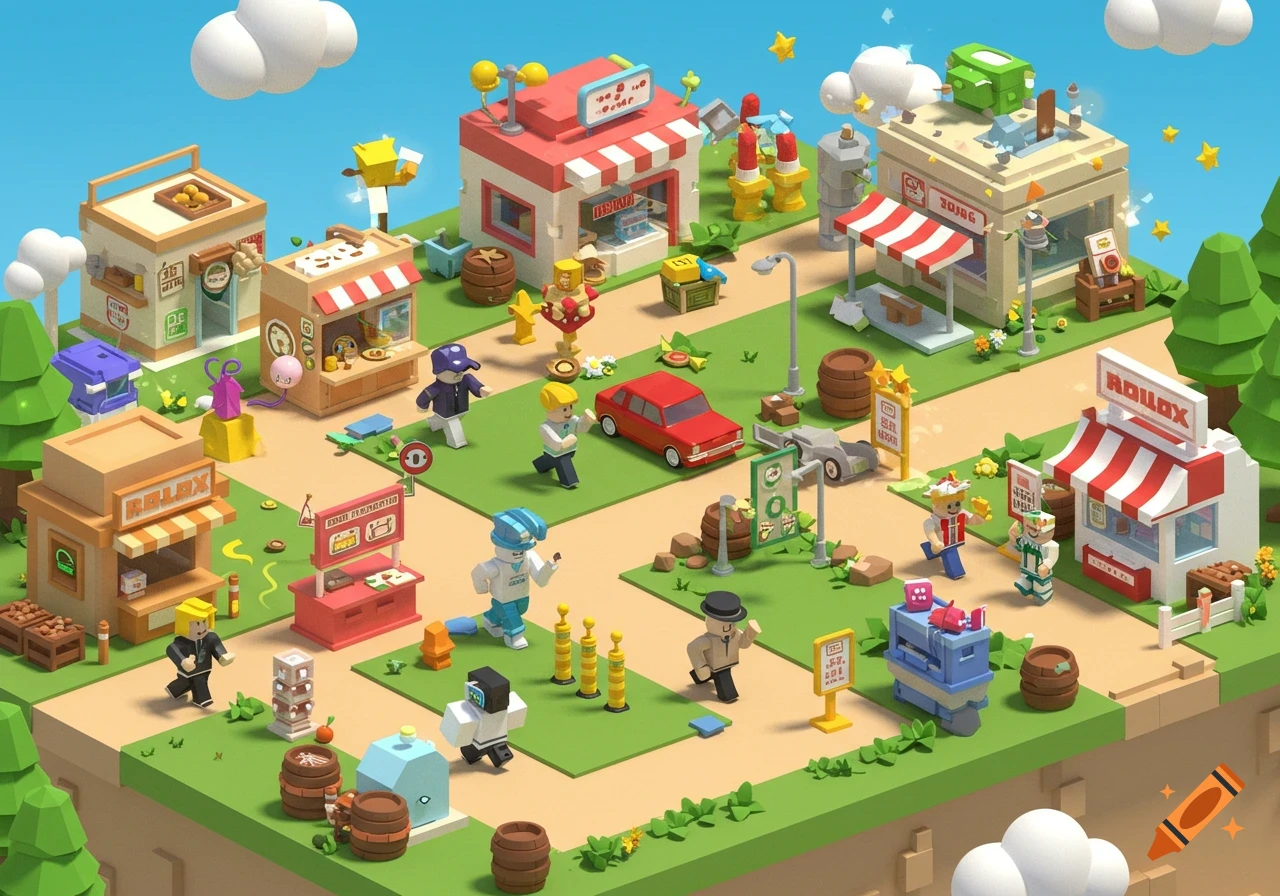 An isometric, blocky, cartoon town scene with various shops, cars, and characters walking around, reminiscent of Roblox.