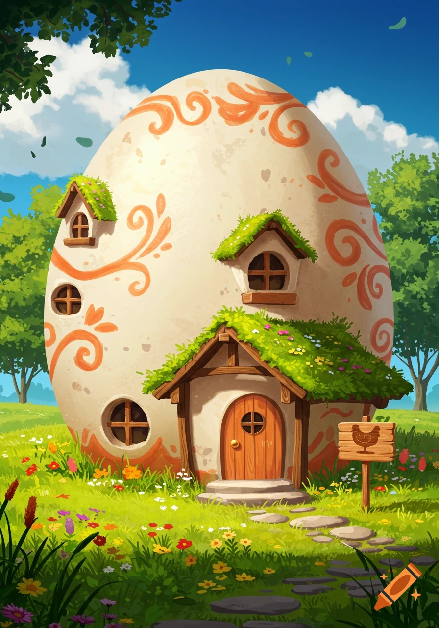 A whimsical illustration of a giant, decorated egg house with green roofs and a wooden door, surrounded by colorful wildflowers in a vibrant grassy field under a blue sky.