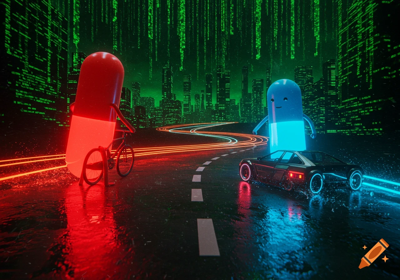 A red pill riding a bicycle and a blue pill driving a futuristic car on a neon-lit road in a Matrix-style cityscape with green digital rain.