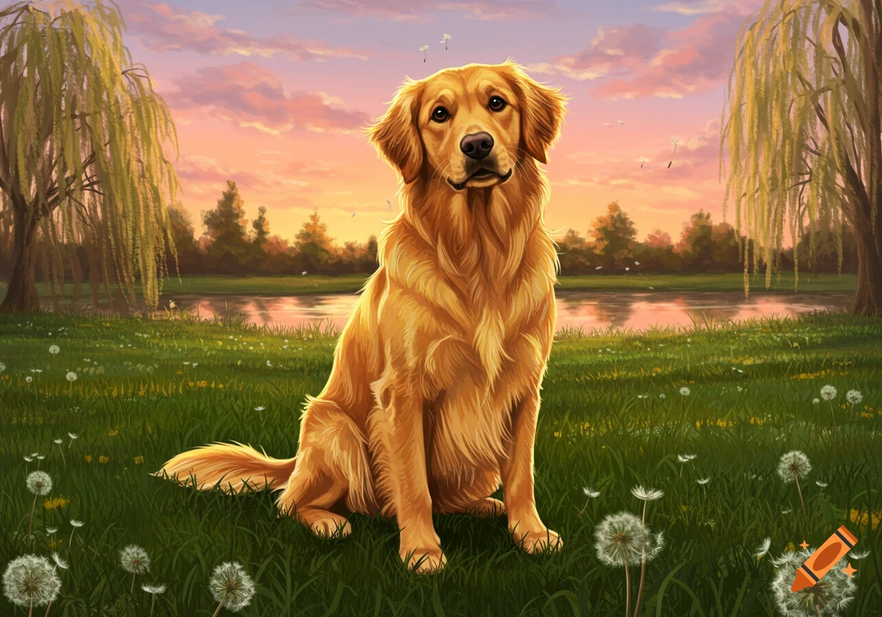 A golden retriever sits in a grassy field with dandelions by a pond and willow trees at sunset, digital painting.