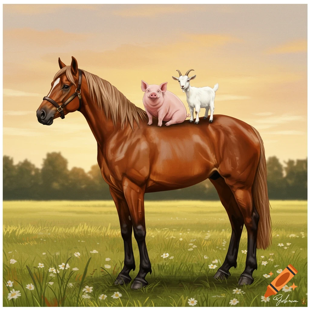 A brown horse with a pink pig and a white goat sitting on its back, standing in a grassy field with white flowers at sunset, in an illustration style.