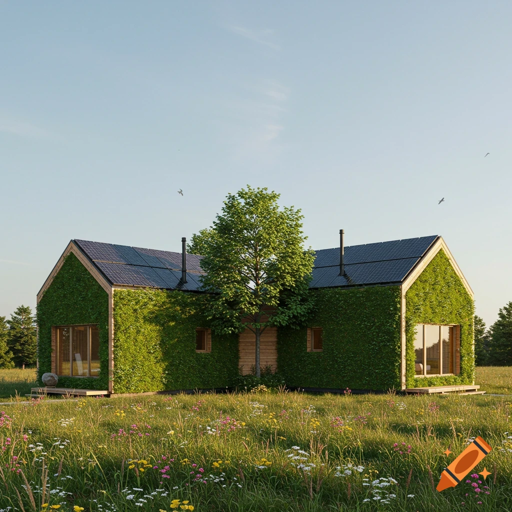 A modern, eco-friendly house with walls covered in green foliage and a roof with solar panels, set in a sunny wildflower meadow.