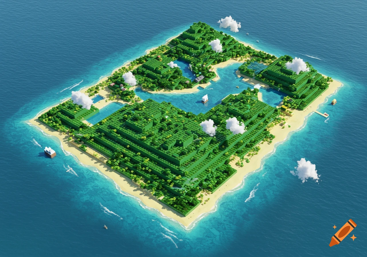 An aerial view of a vibrant green island shaped like Lego blocks, surrounded by clear blue ocean with small boats and fluffy white clouds.