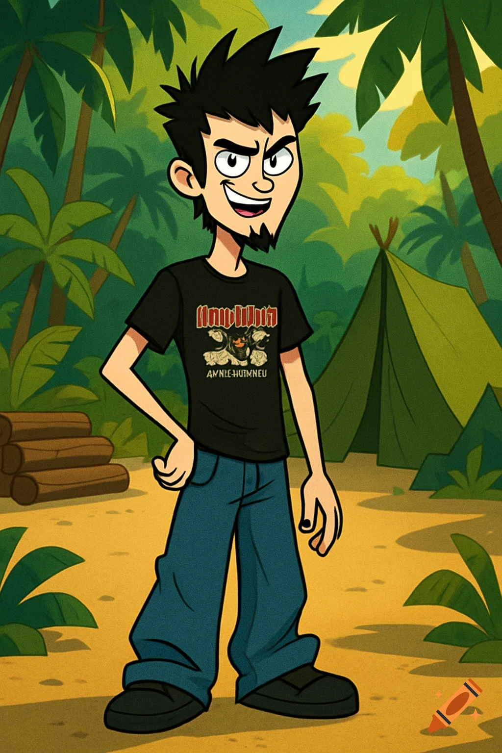 A cartoon male teenager with spiky black hair and a goatee smiles in a jungle clearing with palm trees and a tent.
