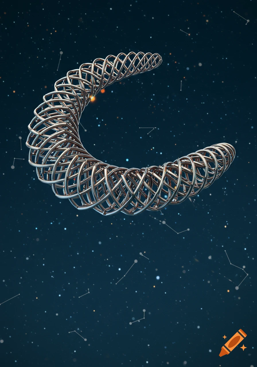 A silver, twisted helix sculpture curved like a boomerang against a dark blue, star-filled space background.