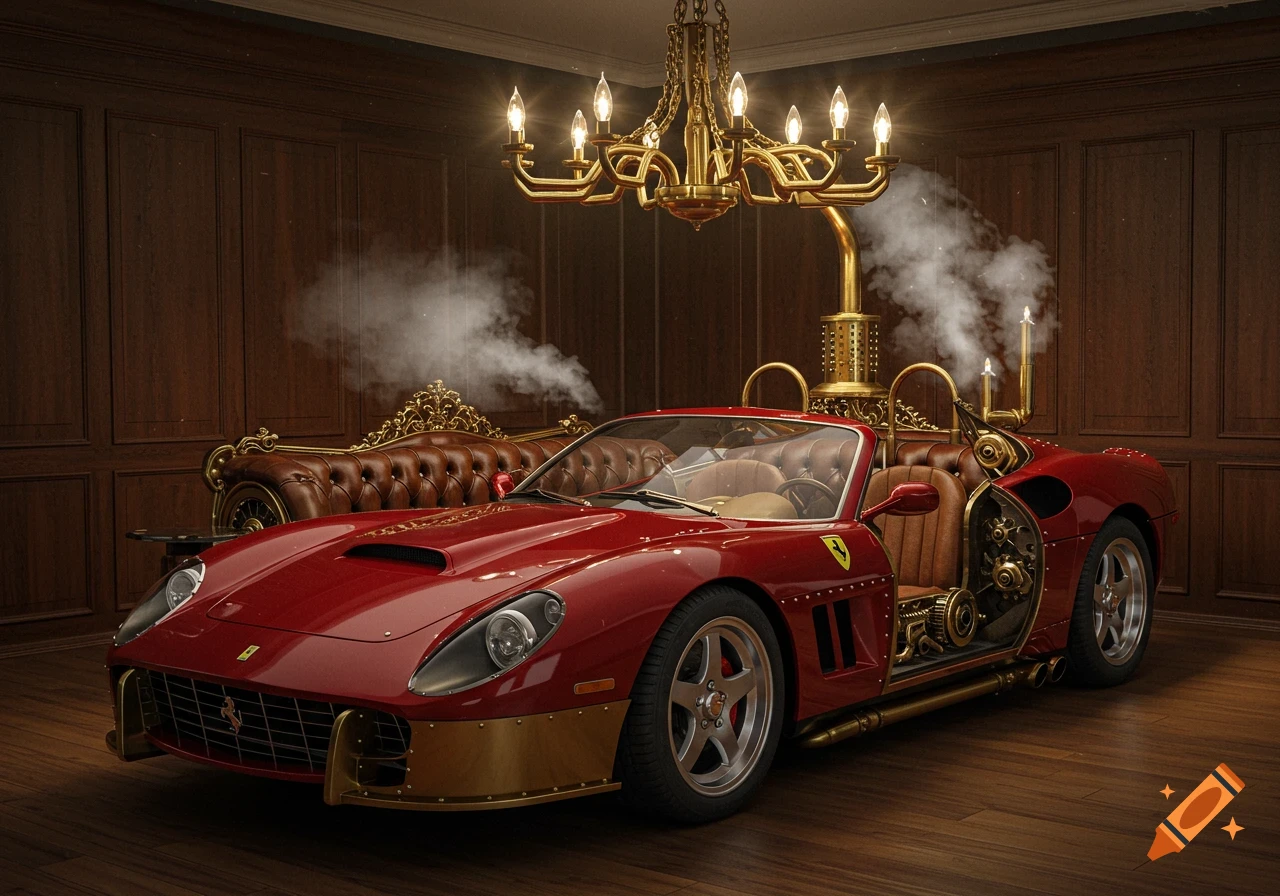 A red Steampunk Ferrari convertible is parked in a luxurious wooden room with a gold chandelier and a leather sofa.