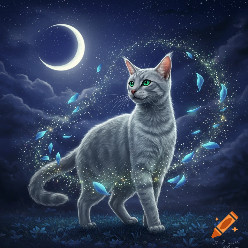 A mystical gray tabby cat with green eyes stands under a crescent moon in a starry night, surrounded by glowing leaves and sparkles.