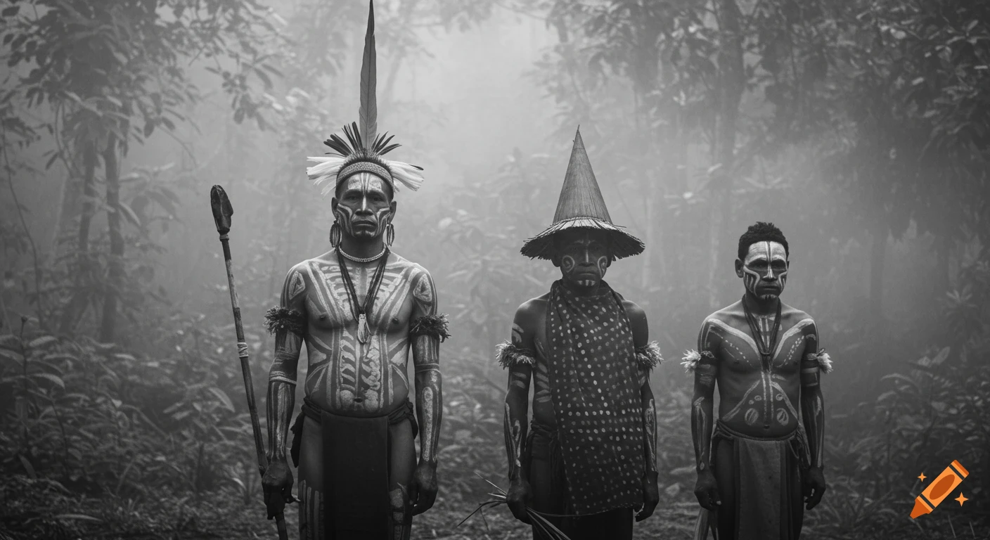 Three indigenous men with body paint and traditional attire stand solemnly in a misty forest, in a cinematic black and white photograph.