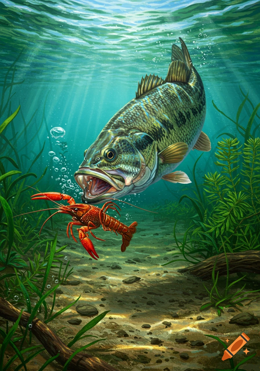 Illustrative depiction of a large bass with its mouth open, about to eat a red crawfish underwater among plants.
