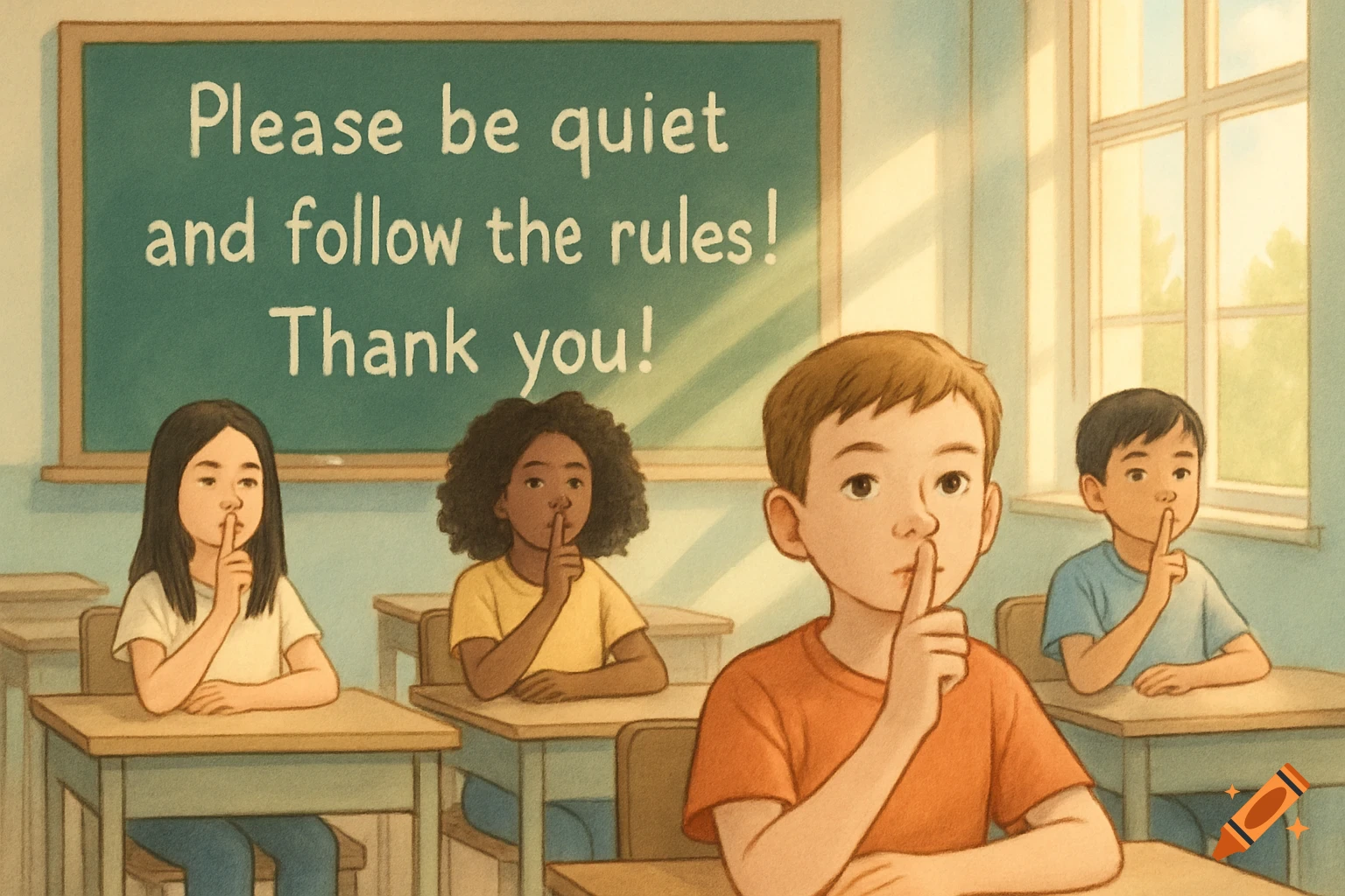 An illustration of diverse students in a classroom, with fingers to their lips, asking for quiet, and a blackboard sign reads 'Please be quiet and follow the rules! Thank you!'.