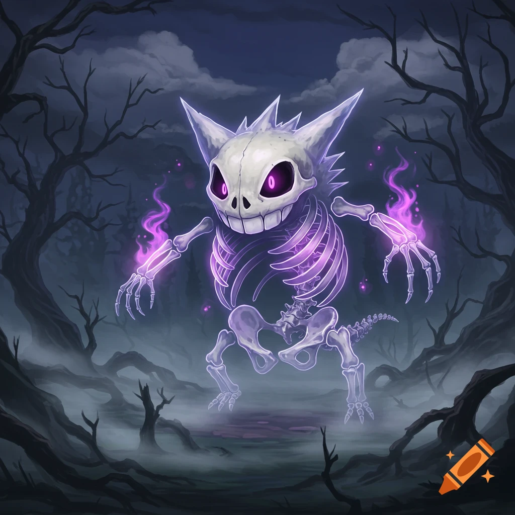 A stylized illustration of a glowing purple Gengar skeleton in a misty, dark forest with bare trees.