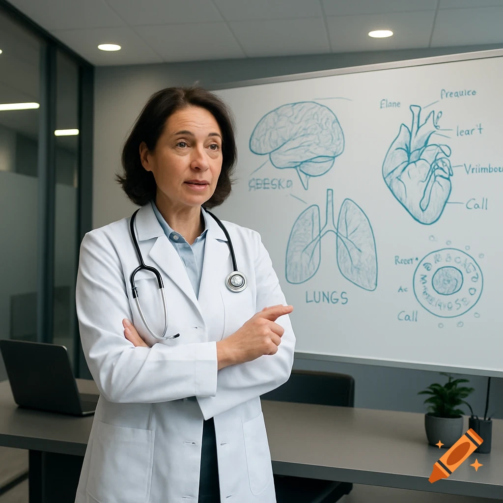 A female doctor in a white coat stands in front of a whiteboard with anatomical drawings of a brain, lungs, and heart.