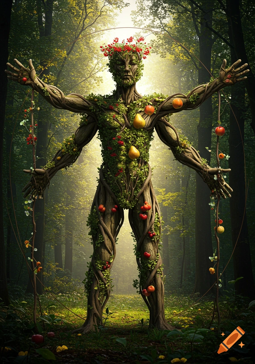 A surreal, photorealistic figure of a human-like tree covered in leaves, berries, and fruits stands in a sunlit forest.