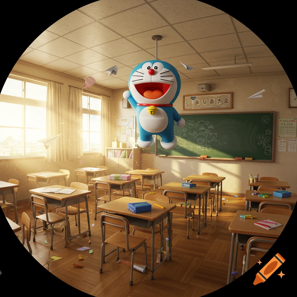 A 3D rendered Doraemon character floats, suspended from the ceiling, in a detailed, sunny classroom with scattered papers.
